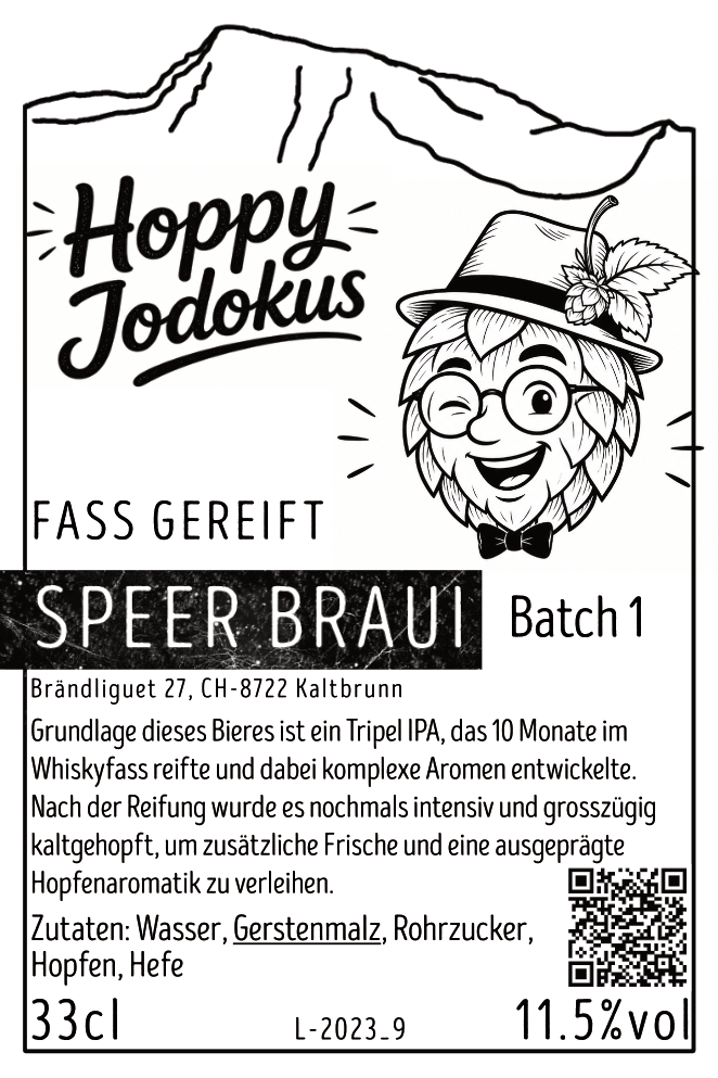 Etikett Hoppy Jodokus Batch 1: fassgereiftes Tripel IPA, 11.5 % Vol., 33 cl