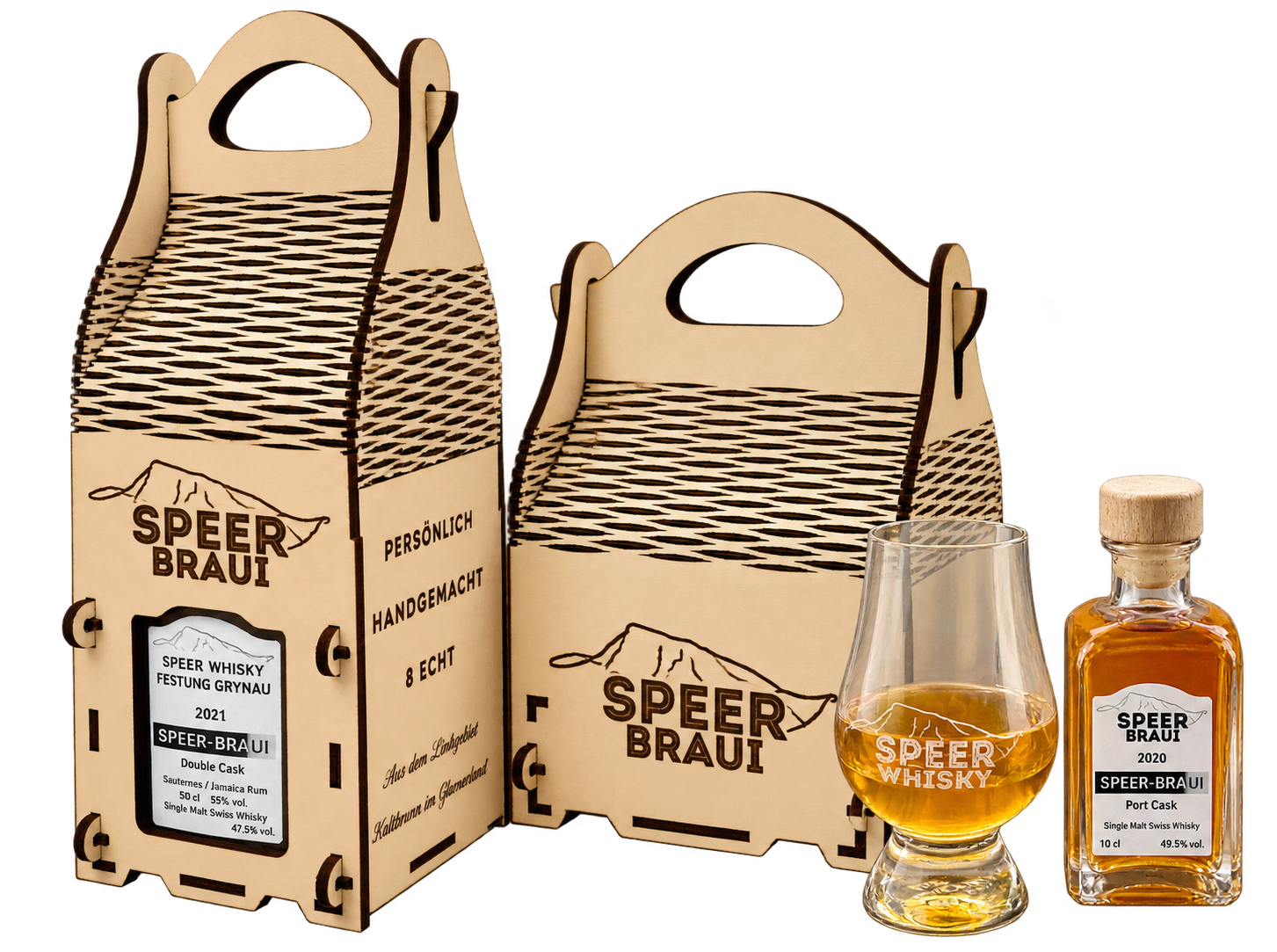 Speer-Braui Holzschachteln mit Whiskyflasche und Whiskyglas