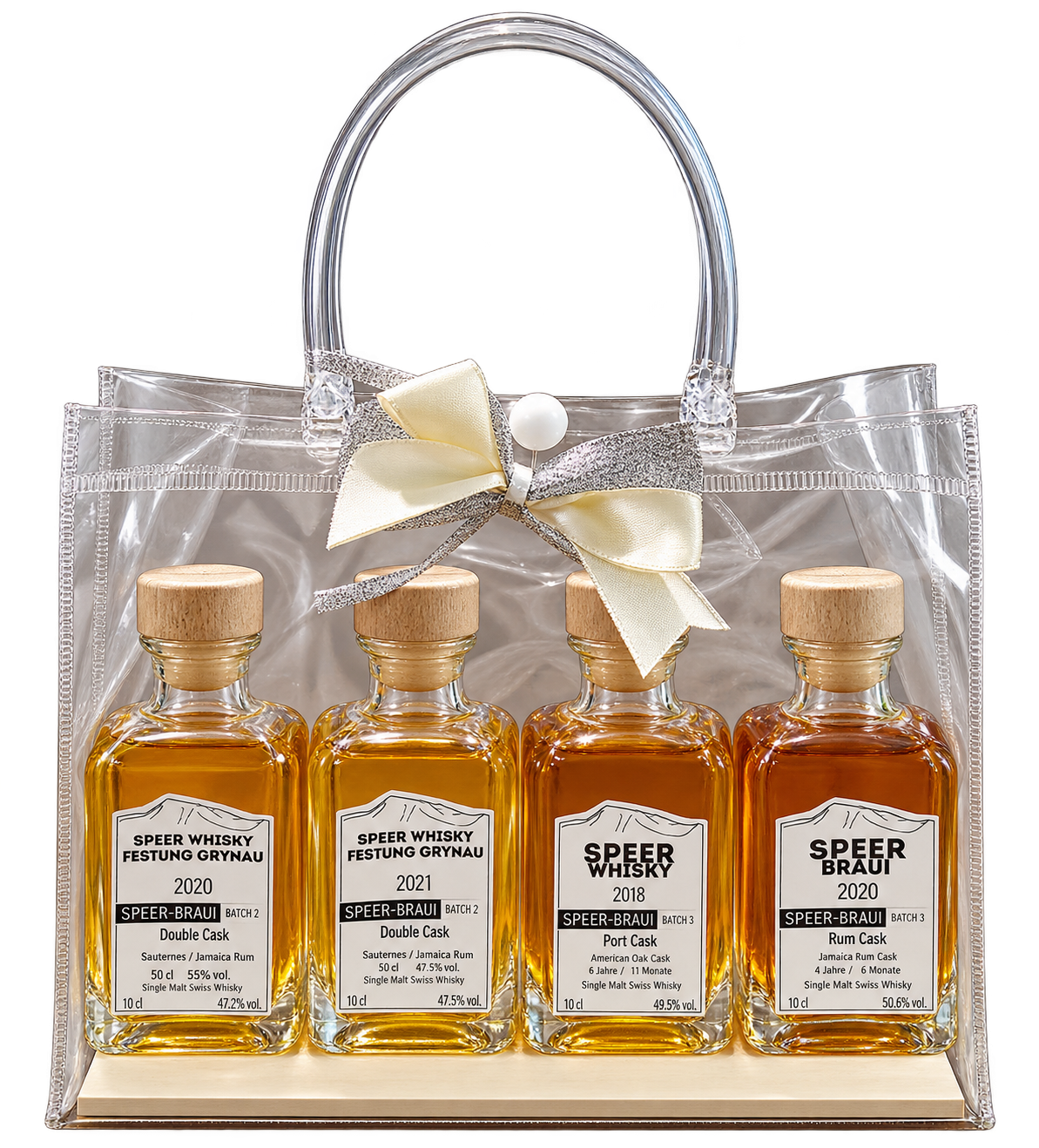 Geschenktasche mit vier kleinen Speer-Whisky-Flaschen