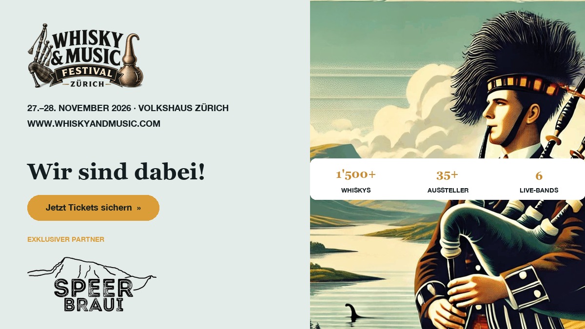 Festivalgrafik zur Teilnahme der Speer-Braui am Whisky & Music Festival am 27. und 28. November 2026 im Volkshaus Zürich