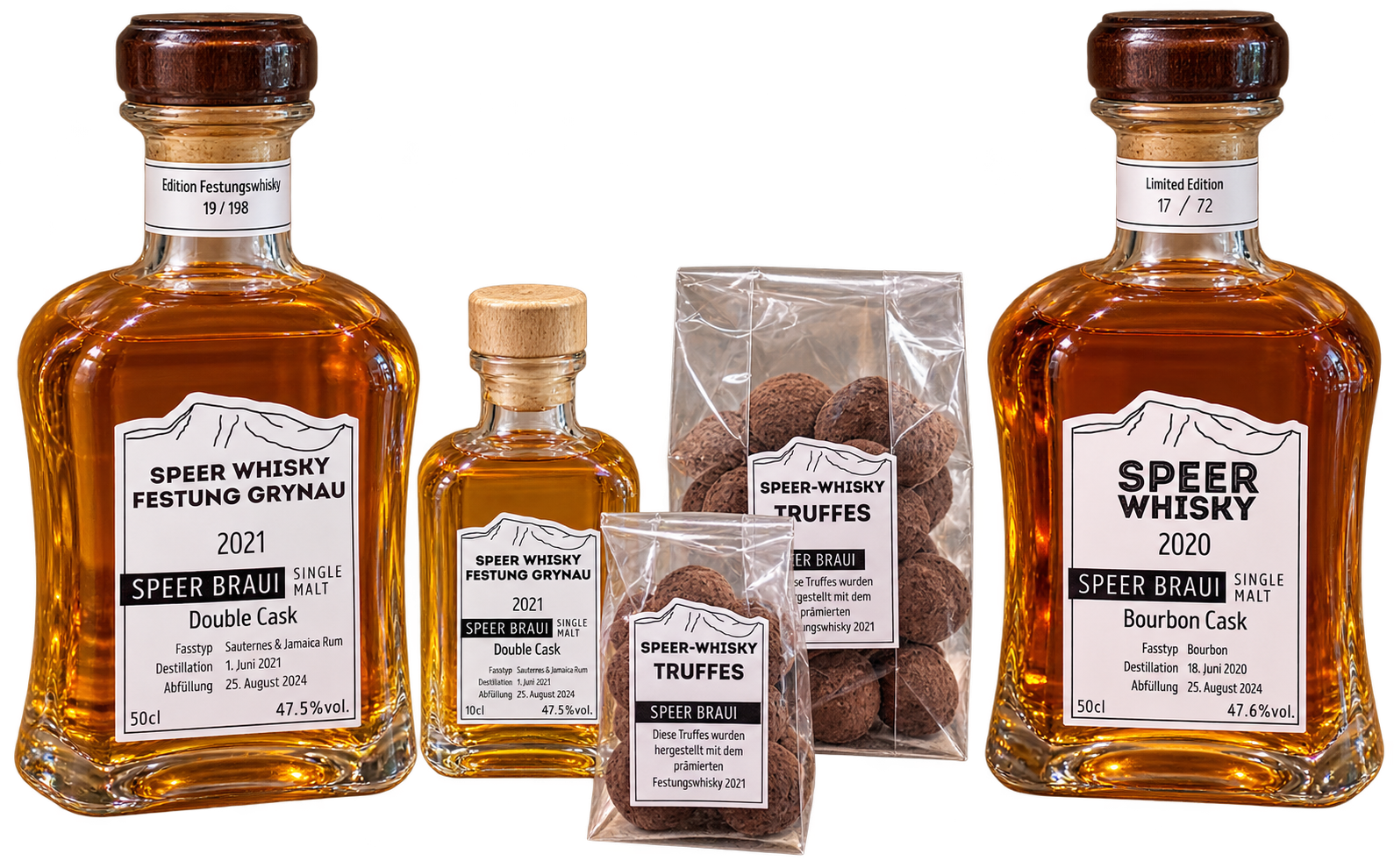 Speer-Whisky-Flaschen und Beutel mit Whisky-Truffes